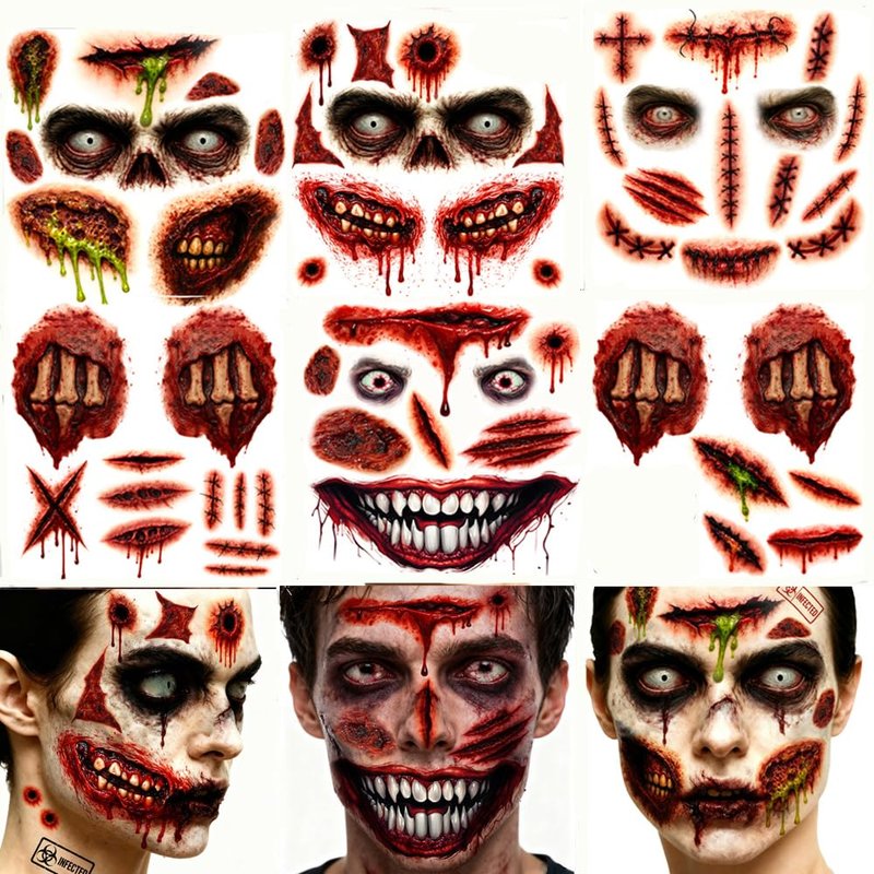 Halloween Zombie Tattoos Kit – 6 Sheets (4 Zombie Tattoos + 2 Wound Tattoos) – Fake Scars Temporary Tattoos for Adults, Women, Men – Realistic Zombie Makeup Kit, Scary Halloween Makeup Accessories (A)