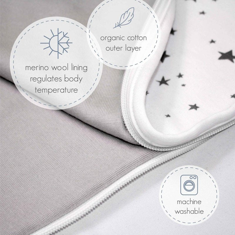 Woolino Ultimate Baby Sleep Sack – 4 Season Merino Wool Sleeping Bag, Organic Cotton Outer, Temp Regulating Blanket, Adjustable Sleep Sack Universal Size 2–24 Months - Night Sky
