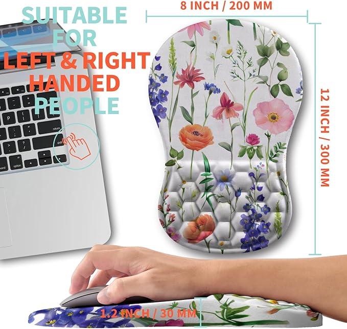 Kuosgm Ergonomic Mouse Pad Wrist Support with Memory Foam Massage Bulge, Carpal Tunnel Pain Relief Mousepad Wrist Rest for Mouse(12x8 inch, Flowers)
