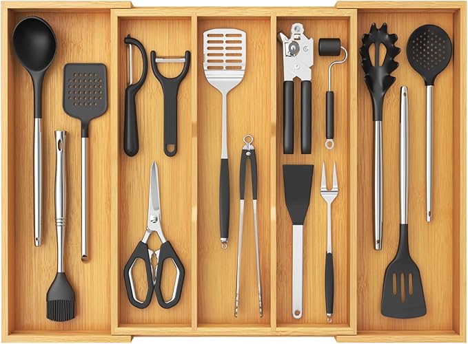 Lifewit Utensil Organizer for Kitchen Drawer, Expandable Cooking Utensil Tray, Cutlery Silverware Flatware Holder, Wood Adjustable Spatula Tools Storage Divider, 15.6-28 x 18.5, Natural