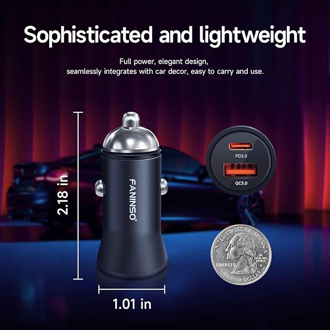 Faninso 60W Car Charger USB C Fast Charge, Aluminum Dual Port Cigarette Lighter Adapter, Car Phone Charger for iPhone 16/15/14 Pro Max Plus, iPad, Samsung Galaxy S24/S23/S22 & More