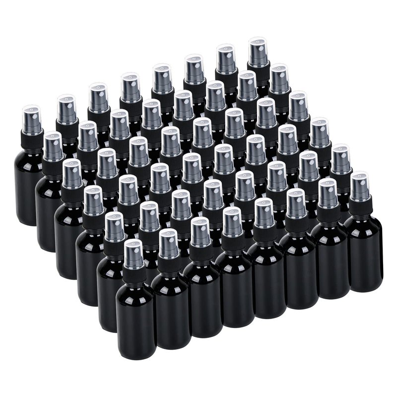 YONKAN 2oz UV Resistant Glass Spray Bottle, Fine Mist Boston Glass Bottles with Black Fine Mist Sprayer Small Clear Bottles for Essential Oils, Bath, Beauty, Hair & Cleaning, Black, Pack of 48