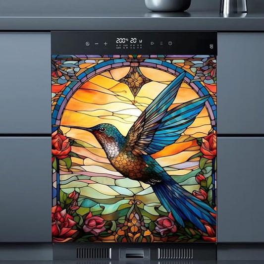 Hummingbird Magnetic Dishwasher Cover, Stained Glass Window Design, 23" x 26" Vinyl Decal for Dishwasher, Refrigerator, Oven, Stove, Easy to Install and Remove