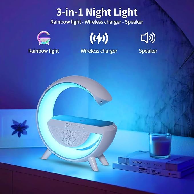 Pxujoqecg Table Lamp with Bluetooth Speaker, G Bedside Light with 15W Wireless Charger, Atmosphere Lighting with Alarm Clock, RGB Bedside Nightstand Table, Hi-Fi Sound, Time Display