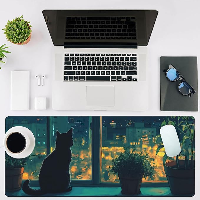NIYLYNSYN Mouse Pad Large Cat Sitting on The Windowsill Non-Slip Game Desk Mat with Stitched Edge Laptop Keyboard Desk Pad for Work Home Gaming (35.4 x 15.7 Inches)