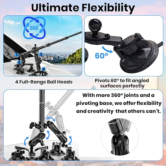 Thlevel Suction Car Mount for GoPro/Insta360/DJI | Aluminum Alloy Extendable Selfie Stick with Multi-Joint Flexible Arm | Upsized Strong Suction Mount Kit Includes Tripod Adapter