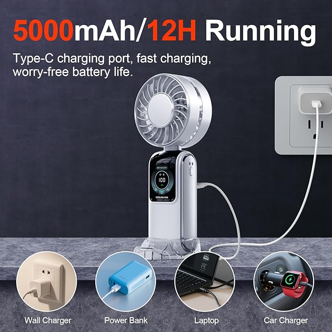 GZEduld Personal Handheld Fan with Stand & Lanyard, 5000mAh USB-C Rechargeable Battery, 12H Runtime 5-Speed LED Display Mini Cool Fan for Travel Beach Concerts Outdoor Events（4 Colors Available）