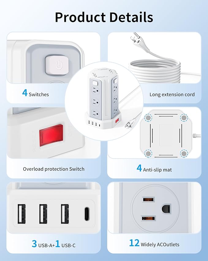 Power Strip Surge Protector, 6.5 Ft Extension Cord with 12 AC Multiple Outlets 4 USB (1 USB C), SMALLRT Power Tower Desktop Charging Station