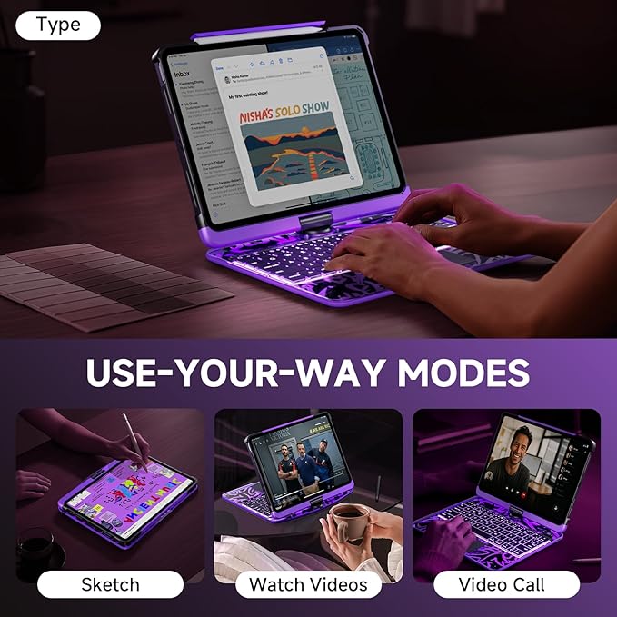 Tiaota Transparent Case with Keyboard for iPad Pro 11-inch (M5/M4, 2025/2024),with 7-Color Backlit Wireless Keyboard, 360°Rotatable Protective Case Multi-Touch Trackpad,with Shortcuts,Purple