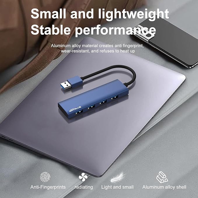 ANYPLUS USB Hub, USB 3.0 Hub Aluminum Alloy Ultra Slim USB Splitter, Portable 4 Port USB Extender, USB Hub for Laptop, PC, MacBook, iMac, Surface Pro, Mac Pro, Flash Drive, XPS 【Blue】