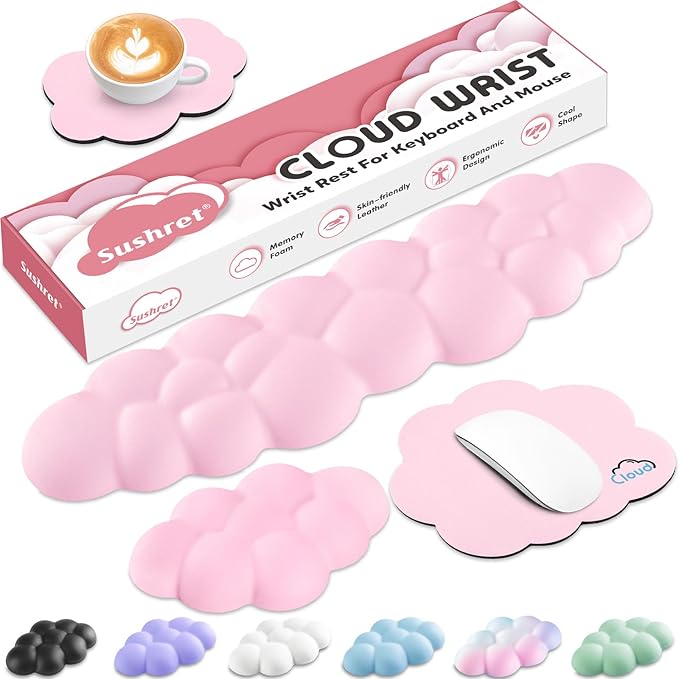 Sushret Cloud Wrist Rest for Computer Keyboard, 4-in-1 Memory Foam Leather Cloud Keyboard Wrist Rest and Mouse Pad Set with Ergonomic Support for Arm and Palm Cushion, Gaming/Work Setup, Pink