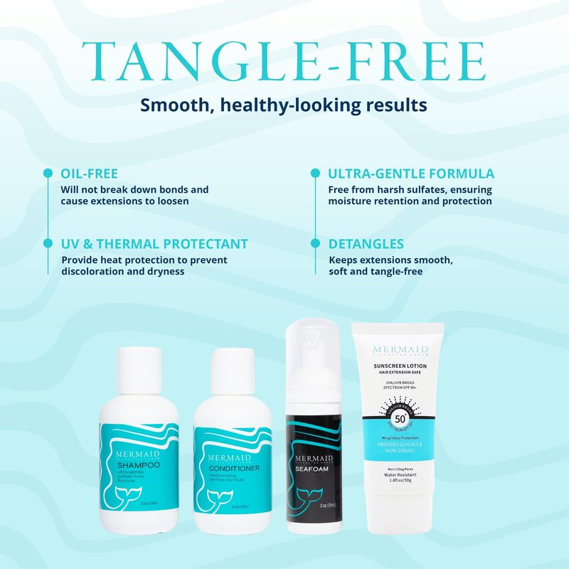 Mermaid Extension Care Travel Kit, 4 Piece Set with Extension-Safe Shampoo, Conditioner & Seafoam and Sunscreen