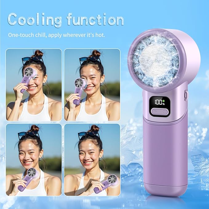 HONEYYEAR High-Speed Portable Handheld Turbo Fan with Ice Cooler, LED Display, 3600mAh Rechargeable Fan, Up to 9H Runtime, 90°Foldable Mini Fans for Travel, Commute, Outdoor, Gifts for Women Men