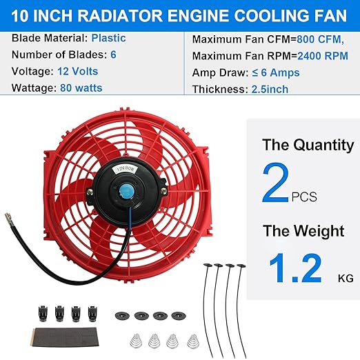 FSBCGT 2PCS 10 inch Slim Fan Push Pull Electric Radiator Cooling 12V 80W Mount Universal Kit Red