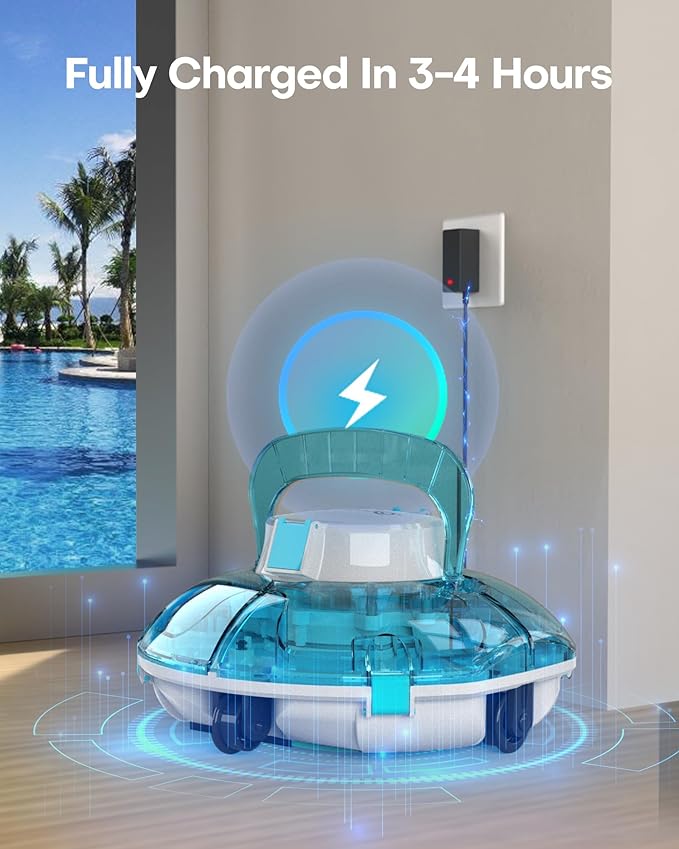 (2026 Upgrade) Cordless Robotic Pool Cleaner, Lasts 80 Min, Automatic Vacuum for Above-Ground Pools up to 645 Sq.ft,Portable, Self-Parking (Transparent Blue)