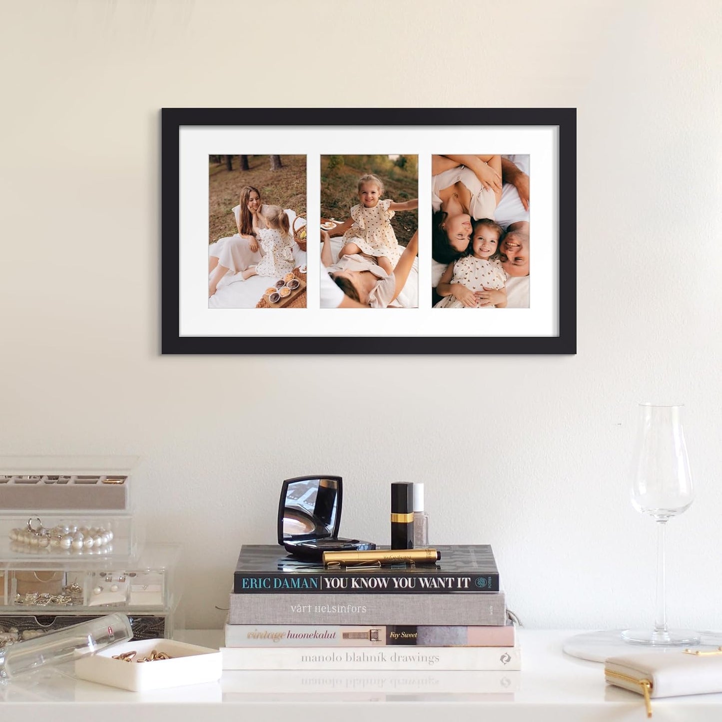 Upsimples 8x14 Collage Picture Frame - Display 3 Photos (4x6) with or Without Mat, Black Wall Decor