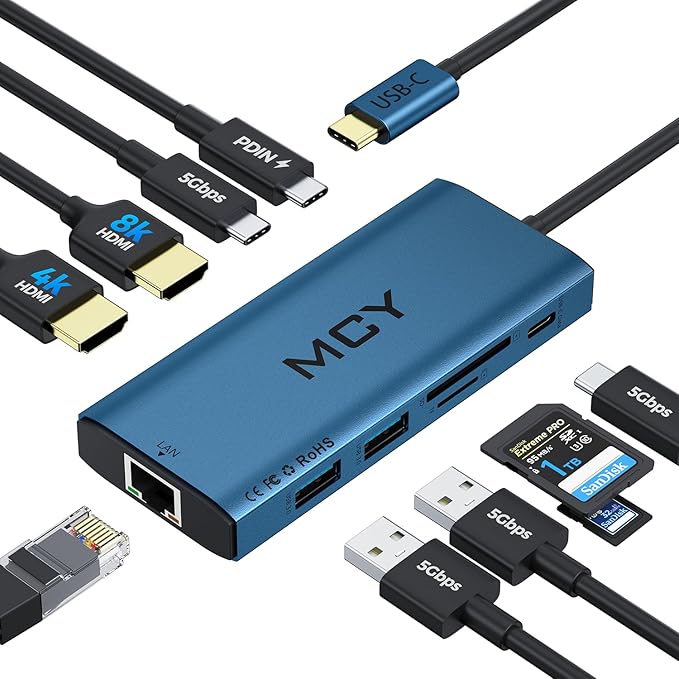 MCY USB C Hub,Laptop Docking Station Dual Monitor Single 8K,2x4K@60Hz,10in1 Type-C Multiport Adapter with PD100W,Card Reader,Extender,Splitter,Ethernet Dock for MacBook Ipad Pro/Dell/HP/Surface etc.