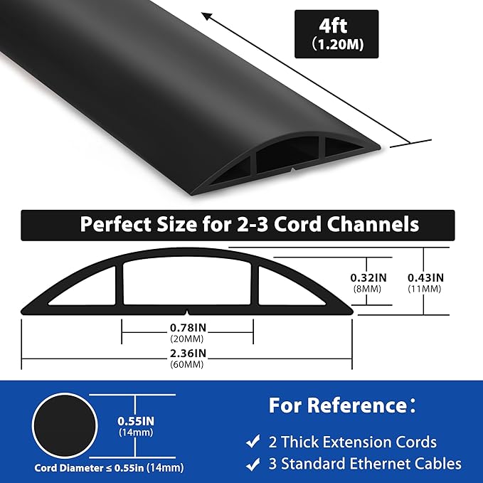 LZEOY 4ft Cord Hider Floor, Heavy Duty Cord Covers for Wires on Floor, Black Floor Cable Management, Hide Cord Cover Floor, Electrical Cable Hider Cord Protector Floor, Cable Cavity: 0.78" W x 0.32" H