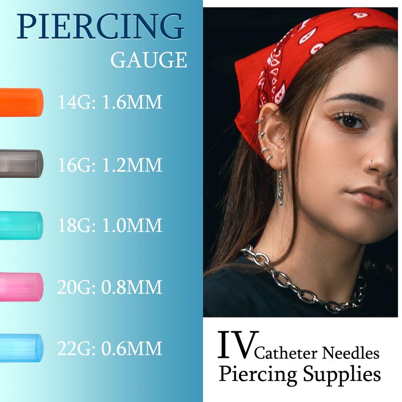 50Pcs Piercing Needles 14g 16g 18g 20g 22g IV Catheter Needles for Ear Nose Lip Tongue Belly Nipple Cartilage Piercings Disposable Stainless Steel Hollow Body Piercing Needles Tool