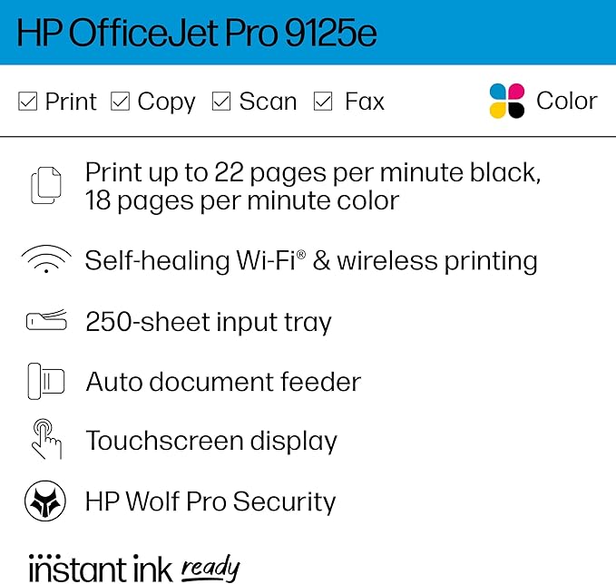 HP OfficeJet Pro 9125e Wireless All-in-One Color Inkjet Printer, Print, scan, copy, fax, ADF, Duplex printing best-for-office, 3 month Instant Ink trial included, AI-enabled (403X0A)