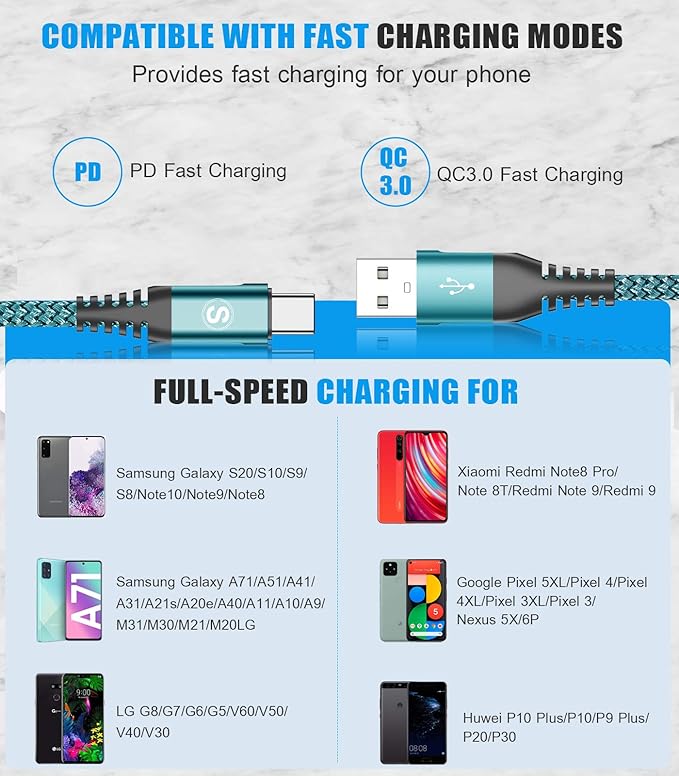 sweguard USB Type C Charger Cable [3-Pack,10ft+6.6ft+3.3ft] iPhone 16 Charger Nylon Braided Cord for iPhone 16 15 Pro Max Plus Samsung Galaxy S24 S23 S22 S21 S20 S10 Note 20 10 A54 Pixel LG Moto PS5