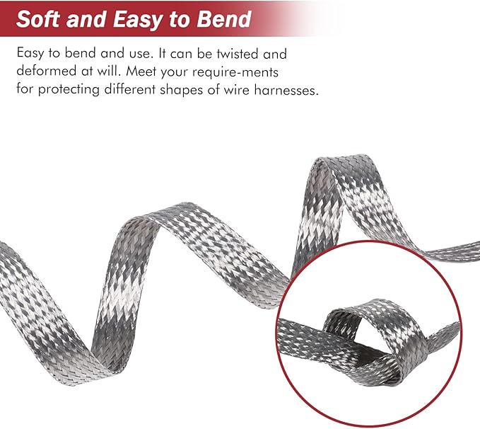 BuyUneed Tinned Copper Metal Braid Sleeving Wire Shielding Sleeve Braided Copper Ground Straps EMI/RFI Interference Expandable Flat Mesh Shielding Cable for Protect Wire (5/16inch-22ft)