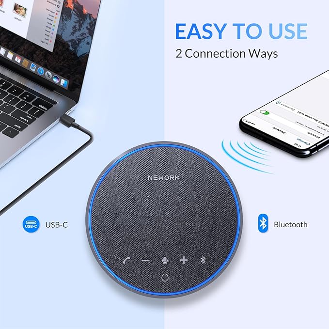 NEWORK Conference Speakerphone – 3 AI Mics, 360° Clear Voice, Noise Reduction, 12H Battery, Bluetooth & USB-C, Perfect for Home & Office Meetings