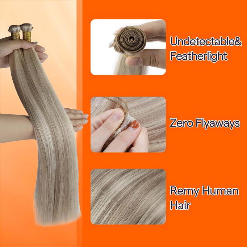 Full Shine Remy Hair Weft Extensions - Ash Blonde Highlight, 16 Inch, 50G Human Hair