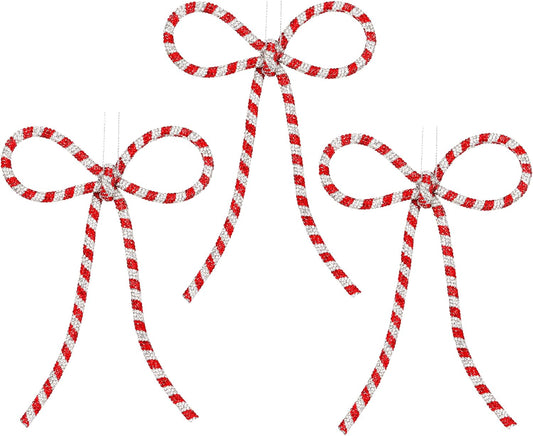 Regine Switzerland Handmade Rhinestone Christmas Bow Ornaments - Glitter Candy Cane Design | Red & Silver, Small, Reusable Holiday Décor