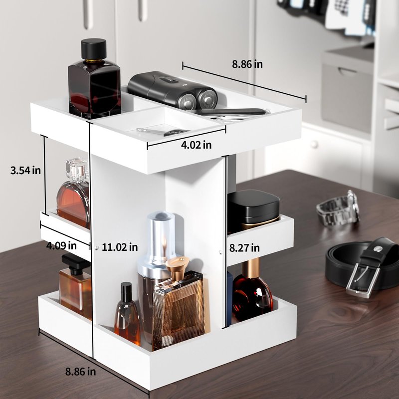 Cologne Organizer for Men - 3-Tier Large Capacity Wood 360° Rotating Cologne Stand,Desk/Nightstand/Bathroom Counter Perfume Storage,Birthday for Men (White)