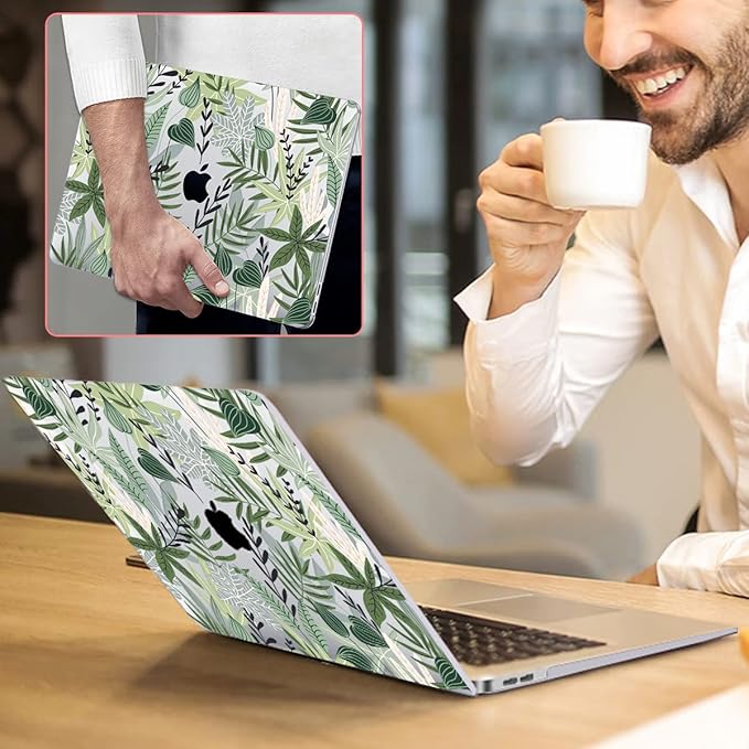 LCMOCICO for MacBook Air 13 inch Case 2021 2020 2019 2018 for Mac A2337 M1 A2179 A1932 Cover with Touch ID, Crystal Plastic Hard Shell Case Keyboard Skin Screen Protector, Tropical Green Leaves
