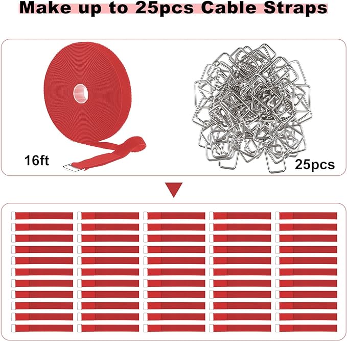 YMCRLUX 1"x16ft Hook and Loop Straps with 25 Metal Buckles, Adjustable Fastening Cable Straps, Cut-to-Length Cinch Strap, Reusable Nylon Securing Cord Ties for Organizer or Storage, 1 inch Wide,Red