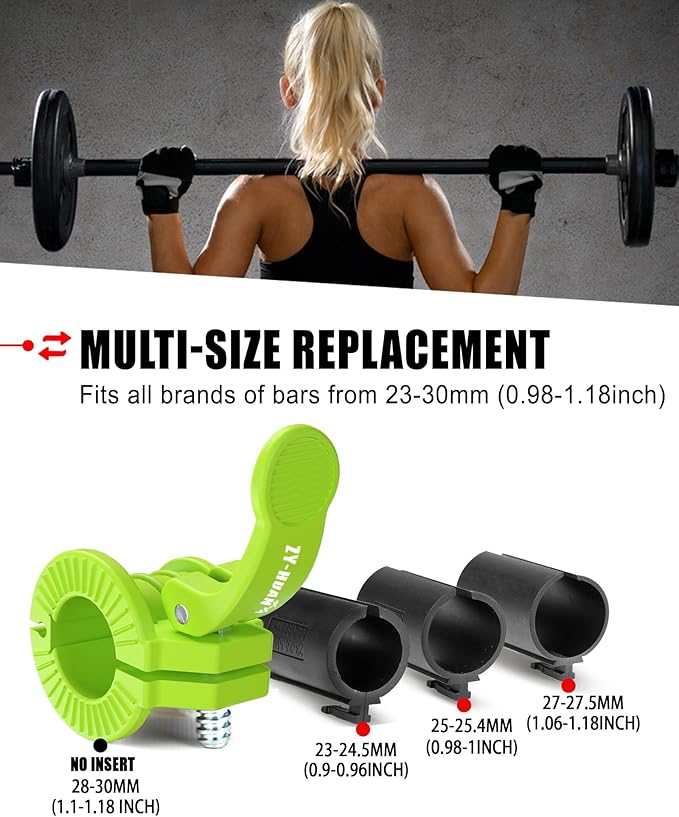 ZY-HUAN Pro Barbell Clips 1 inch Barbell Clamps 0.9-1.18inch Quick Release Weight Clips for Bars Multi-Size Adjustable Olympic Barbell Clamps (Green)