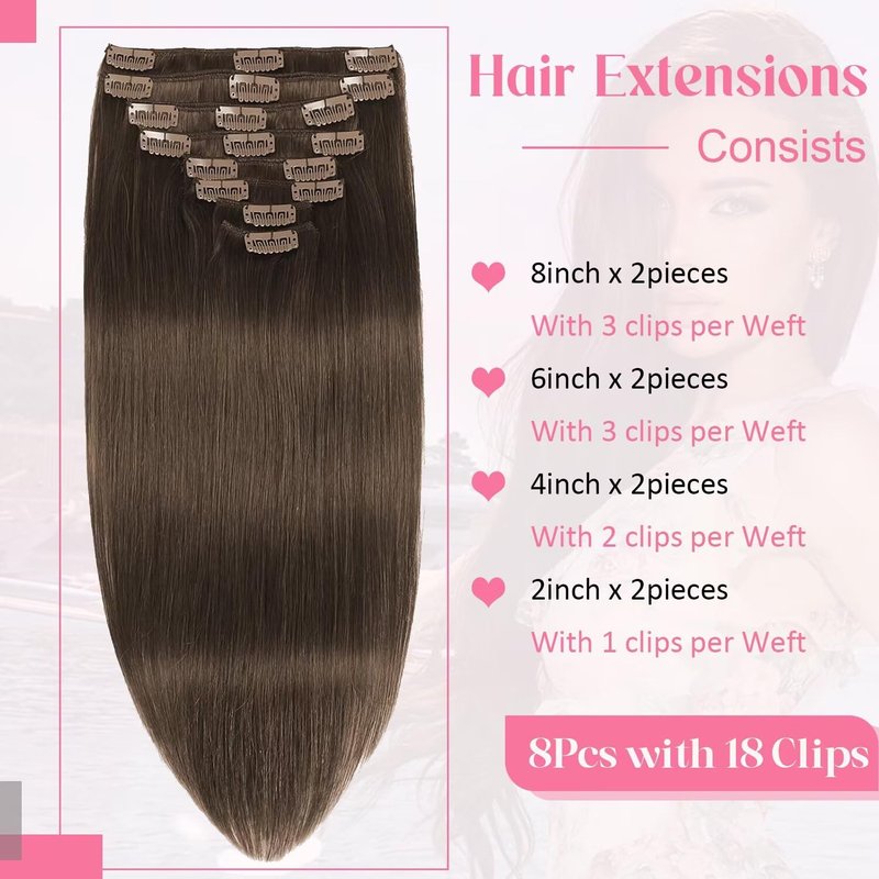 Clip in Hair Extensions Real Human Hair Clip ins 100% Human Hair Extension for Women Clip in Extensions 8pcs Per Set with 18 Clips Double Weft (18 Inch 80g #4 Chocolate Brown)