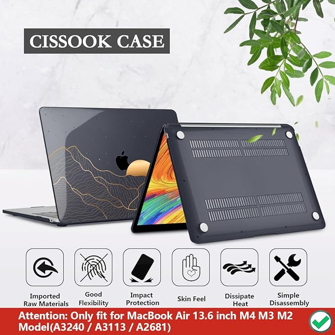 CISSOOK Compatible with MacBook Air 13.6 Inch M5 M4 M3 M2 Case 2022 2023 2024 2025 2026, Crystal Black Plastic Hard Shell Case Cover for MacBook Air 13.6" A3449 A3240 A3113 A2681, Sun & Mountain