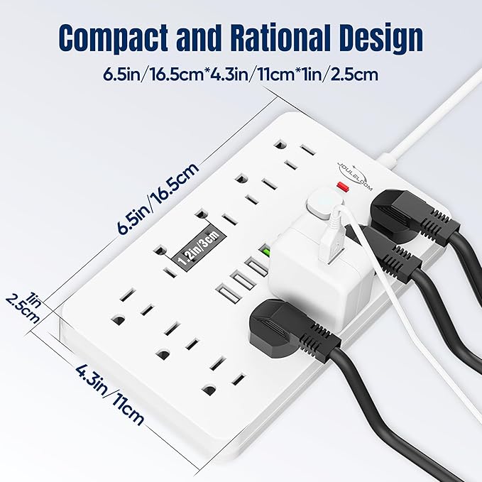 JouleLoom 2 Pack 5 FT Flat Plug Surge Protector Power Strip,11 Multiple AC Outlets with 6 USB Ports (2 USB C), 5 Feet Extension Cord, 1250W/10A, One Touch Switch Button, 17 in 1 Compact powerstrip