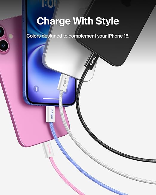 Belkin USB C to USB C Cable, 6.6ft, 60W - Type C Charger, iPhone Charger Cord, Soft, Braided, Flexible for iPhone 17, Galaxy S25, Pixel 10, Airpods, iPad Pro, Tablet & More, Travel Essentials - White