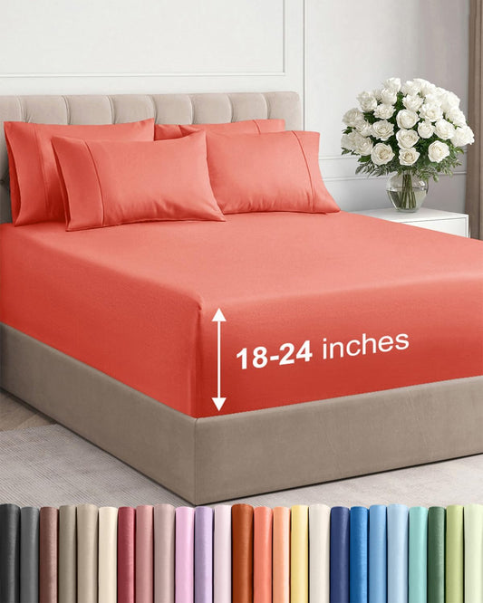 Skiennix Extra Deep King Sheet Set - 6 Piece Breathable Cooling Bedding - Soft, Wrinkle-Free Coral