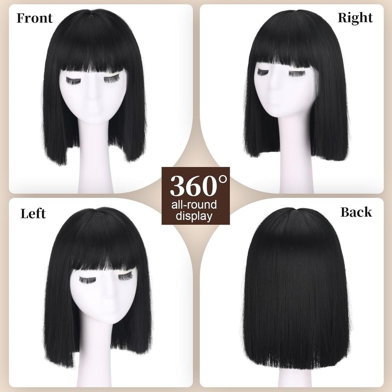 Short Black Straight Wig with Bangs - Heat Resistant Synthetic Hair | 12-Inch Bob for Women