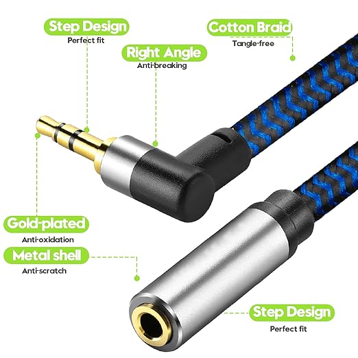 GGMTY 3FT 3.5mm Audio Extension Cable, 90-Degree Right Angle Aux Extender Cord (Male to Female), Nylon Braided TRS Stereo Audio Jack Adapter for Car, PC, Speakers, Headphones (No Mic Support)