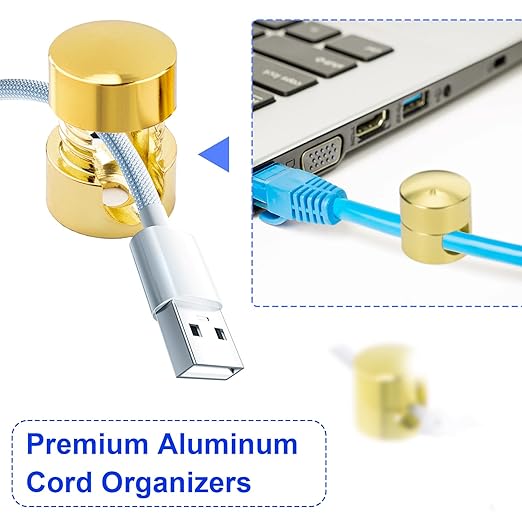 SmallCat 1 Sets Charger Holders for Cords, Gold Color Adjustable Cable Anchor Holders, Adhesive Metal Cord Clips, Cable Management Wire Organizers for Desk, Office, Nightstand