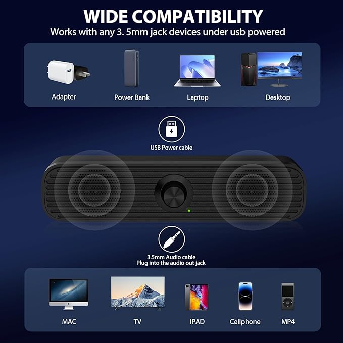 1Mii Computer Speakers for Desktop Laptop Tablet, USB Powered PC Speakers, Small Speakers Wired with Volume Control, Stereo Sound with 3.5mm Audio Plug for Windows Mac Linux PCs