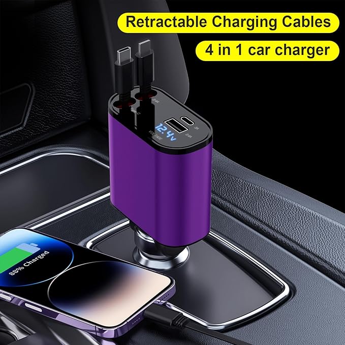 Retractable Car Charger for iPhone 17, 4 in 1 Fast Car Charging 69W,Car Travel Essentials Charger, Women Men for Gifts USB C Car Accessories Adapter Compatible for iPhone 17 16 15 14 13,Galaxy,Pixel
