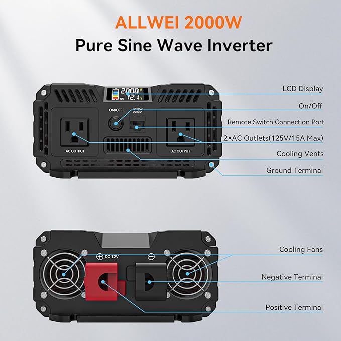 ALLWEI 2000W Pure Sine Wave Inverter 12V DC to 120V AC Converter, Surge 4000W, 20A Sockets, Hardwire Port, Power Inverters for Vehicles, RV Truck Home Solar & Off-Grid Inverter, Remote Controller