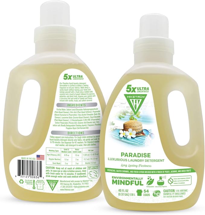 Hiketron Paradise Liquid Laundry Detergent, 5x Ultra Concentrated, Tough Stains Remover, Long Lasting Scent (40 Fl Oz, Pack of 1)