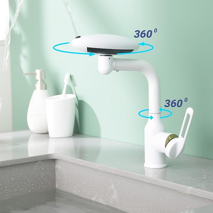 Bathroom Sink Faucet 1 Hole, White Multifunctional Basin Faucet with 4 Water Outlet Modes, Modern 360°Rotatable Bar Tap with Two Water Supply Pipes