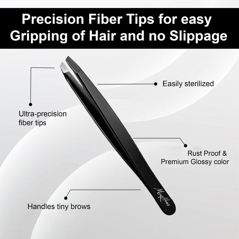 MaqHues Fiber Tip Eyebrow Tweezers Set for Women & Men, 4 Pcs Professional Stainless Steel Tweezer Kit with Slant, Pointed, Flat & Pointed-Slant Tips for Facial Hair & Eyebrow Removal (Silver)