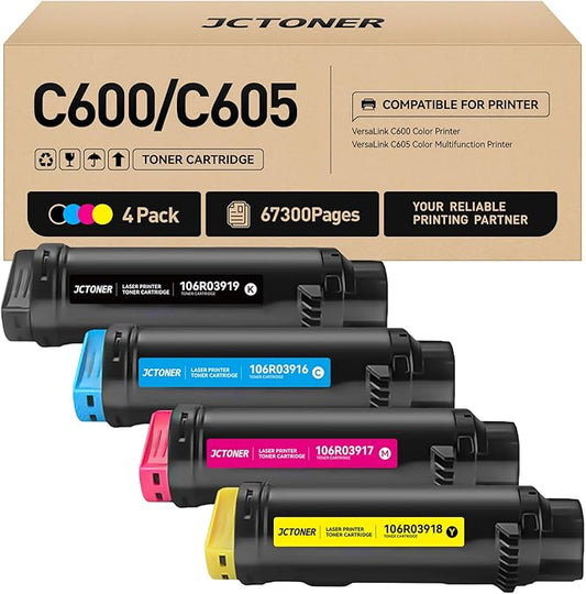 C600 C605 Toner Cartridges 4-Pack Compatible Replacement for Xerox VersaLink C600 C605 Color Multifunction Printer Copier Scanner 106R03919 106R03916 106R03917 106R03918 Black Cyan Yellow Magenta