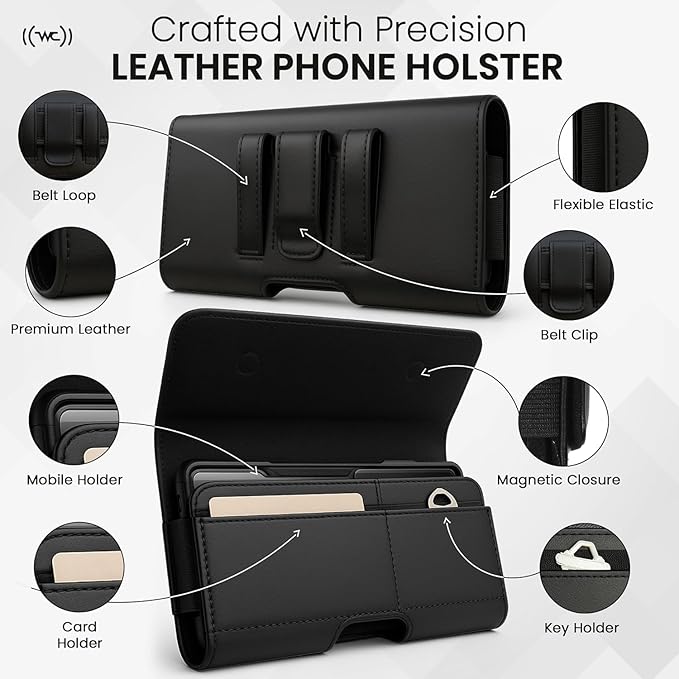 Wireless City Leather Phone Holster for iPhone 17/17 Pro, 16/16 Pro/16e, 15/15 Pro, 14/14 Pro, 13/13 Pro, 12/12 Pro, 11, XR Horizontal Belt Clip Phone Pouch Card Holder Magnetic Closure Phone Case