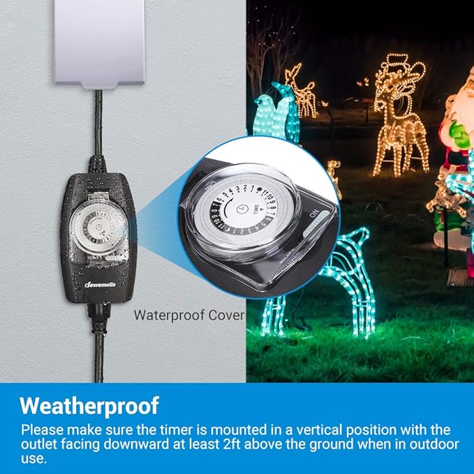DEWENWILS Outdoor Light Timer Waterproof, 24-Hour Programmable Plug in Timer for Electrical Outlets, Holiday Decorations, String Light,13A 1/2 HP, UL Listed (Dial)